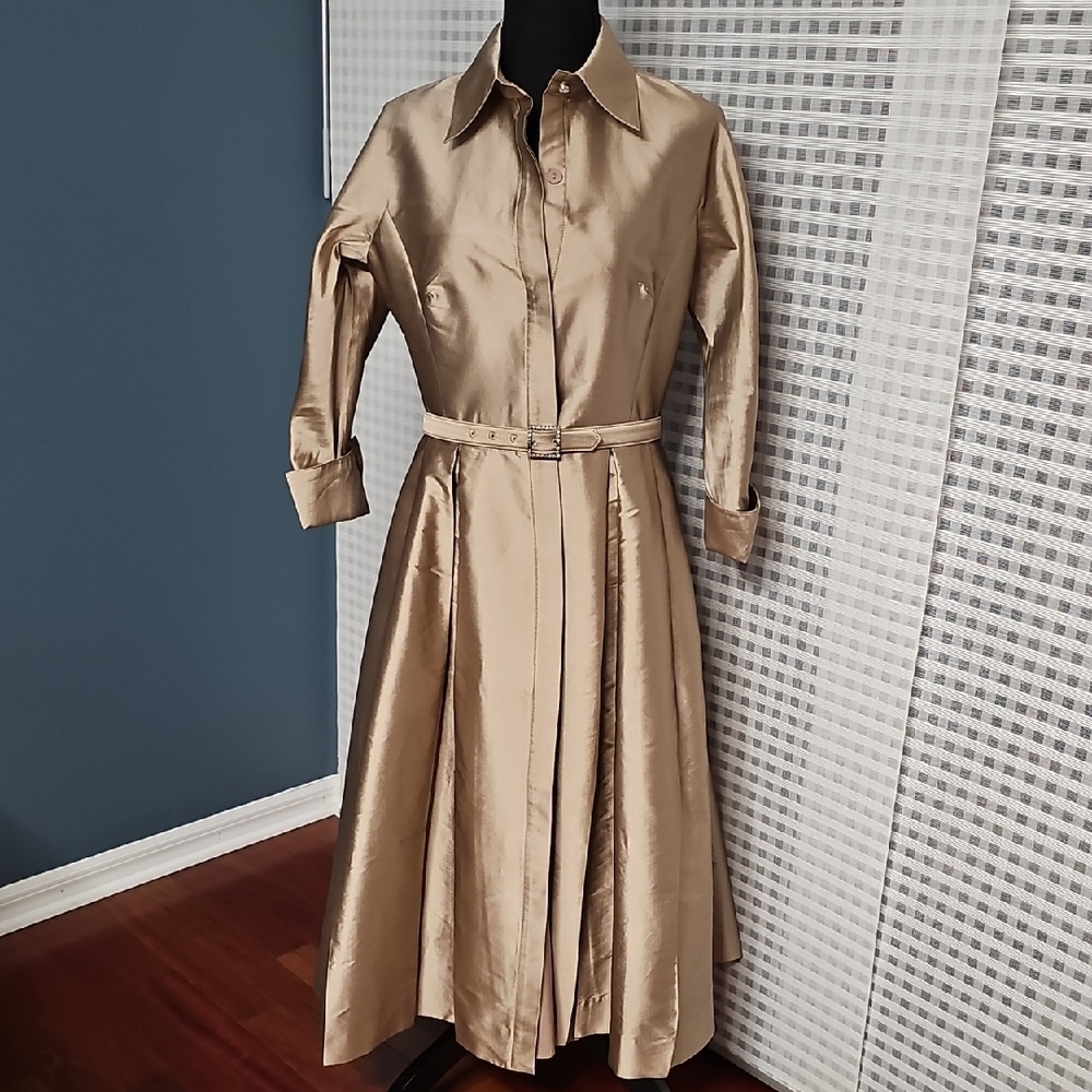 Silk Taffeta Gold dress 3/4 Sleeves with Belt